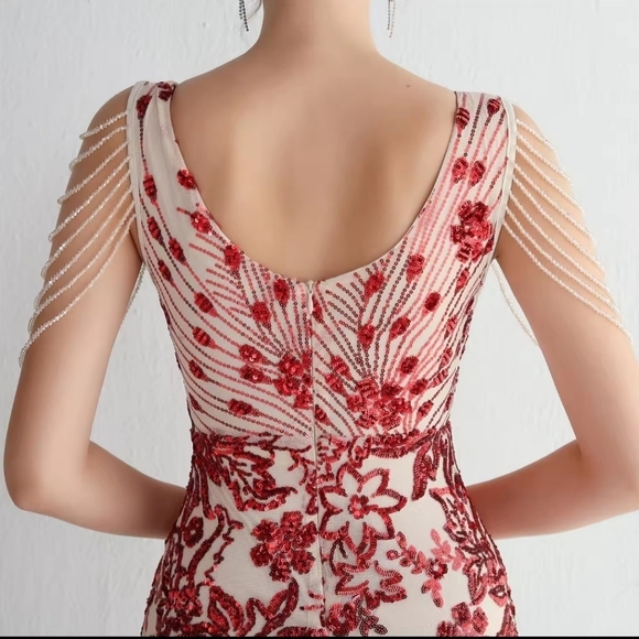 Red, Floral Print,  V Neck, Beaded Draped Sleeves,  Sequined Mermaid Gown - Picture 6 of 16